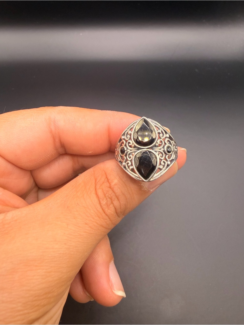 925 Sterling Silver Black Spinel Ring Size 10